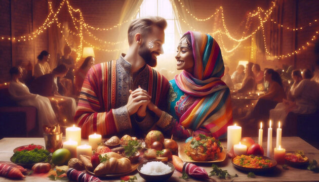 A vibrant and joyful scene of an interracial couple, perhaps dressed in elements of their traditional cultural attire or simply enjoying a meal together that blends their cuisines, Ai generated image
