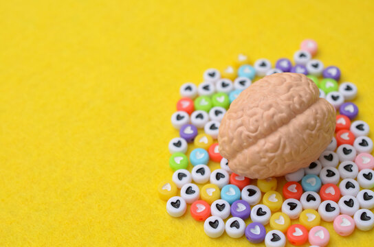 Brain model resting on colorful heart shapes representing psychological wellness
