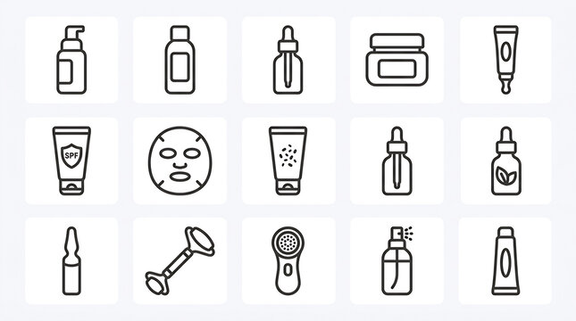 Minimalist skincare products line icon set featuring serum bottles, face mask, cream jar, facial roller, and beauty therapy equipment