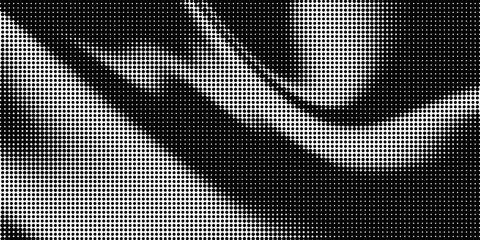 Fototapeta premium Grunge halftone gradient background. Faded grit noise texture. White and black sand wallpaper. Retro pixelated backdrop. Anime or manga style comic overlay. Vector graphic design textured template