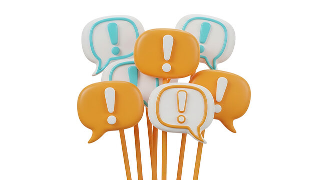 Group of exclamation mark speech bubble decorations on sticks with exclamation attention communication notification important announcement dialogue creative conceptual information