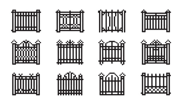 Decorative fence and gate vector icons set showing ornamental and metal garden entrance.