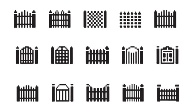 Set of black gate and fence icons for architecture design construction project and safety.