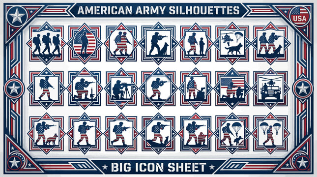 American Army Silhouettes: Patriotic Icon Sheet USA Military Graphics