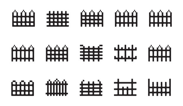 Pixel art fence icons set isolated on white background. vector 8-bit style elements.
