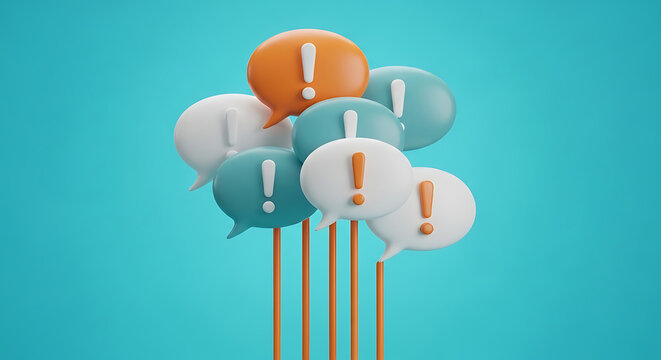 Conceptual 3D representation of multiple exclamation mark speech bubbles on sticks representing urgent communication and important notifications with exclamation attention communication important