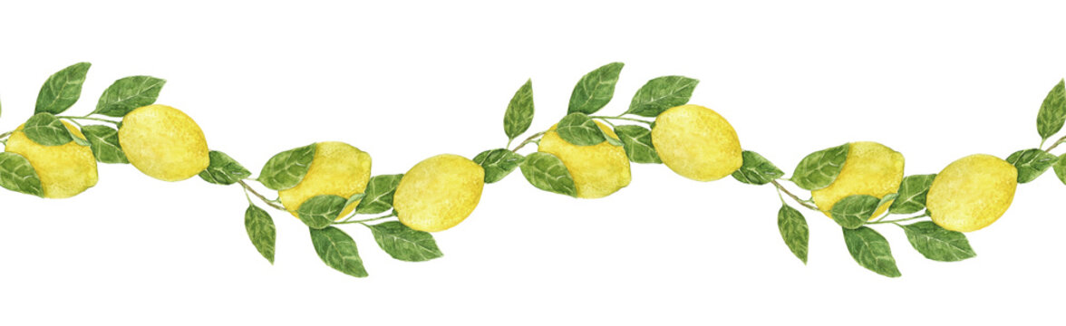 Watercolor seamless lemon border with citrus branches and green leaves. Hand painted Mediterranean illustration for fabric, wallpaper, gift wrap, kitchen decor and food packaging.
