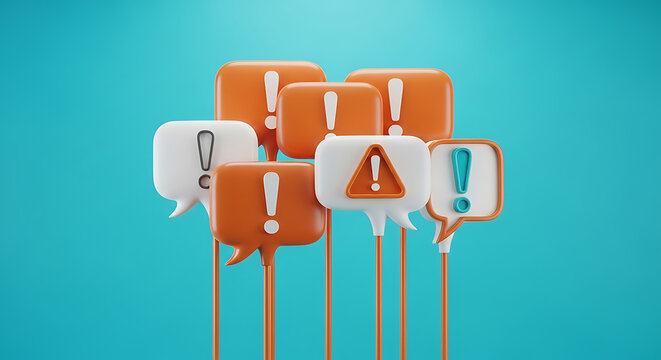 Group of exclamation point icons on sticks with exclamation attention information important feedback communication business marketing management strategy problems
