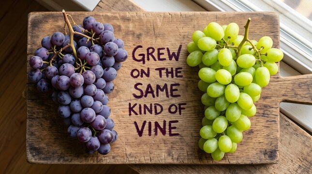 Metaphorical representation of unity and equality featuring purple and green grapes on a wooden board with the text Grew On The Same Kind Of Vine, emphasizing diversity and shared origins.