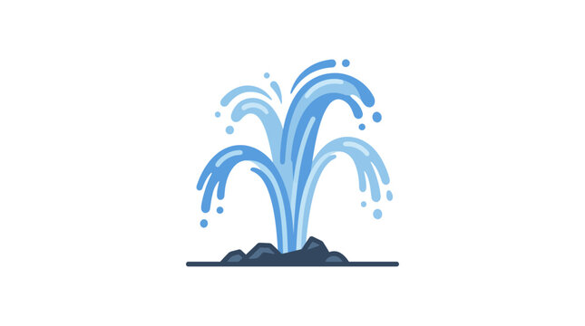 A stylized illustration of a blue water fountain spraying upwards from a rocky base.