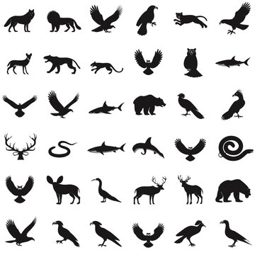 Black silhouettes of various wild animals and birds