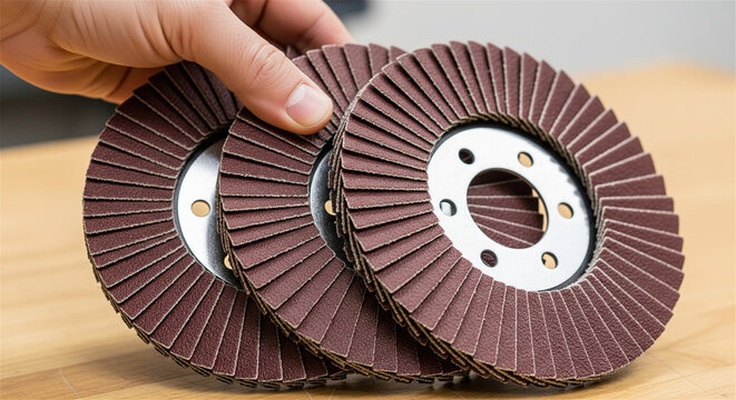 Industrial flap discs for angle grinders, abrasive sanding wheels held by hand, professional metal polishing and grinding tools