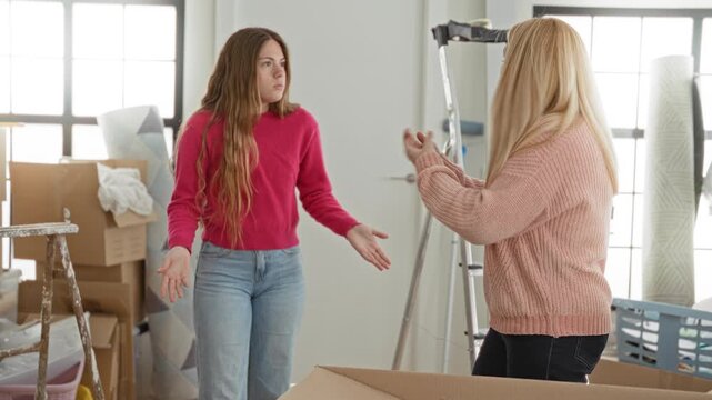 Woman mother and daughter gesturing with hands amid stacked moving boxes, ladder and packing supplies in a building; family frustration.