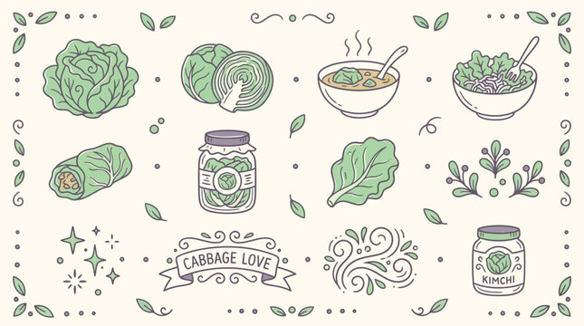 A charming collection of hand-drawn illustrations featuring various cabbage-based foods and ingredients, presented in a whimsical, vintage style.