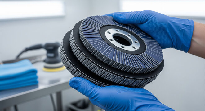Industrial flap disc abrasive wheels held by gloved hands, professional metal polishing tools, sandpaper grinding discs for surface finishing