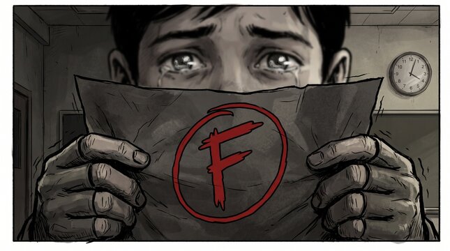 Cinematic graphic novel illustration of a crying student holding a test paper with a failing F grade