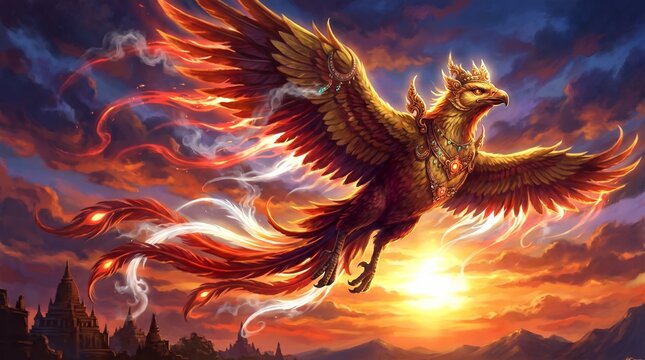 Majestic mythical Garuda bird flying over ancient temples during a dramatic sunset