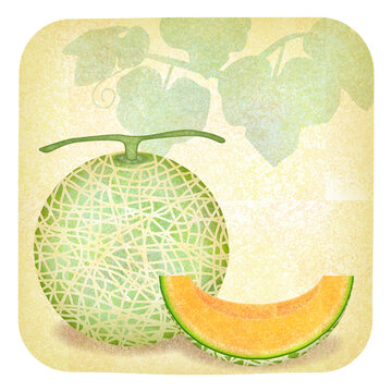 Watercolor Melon Frame with Fresh Cantaloupe and Vine Leaves