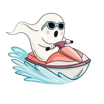 Watercolor illustration of a cute ghost wearing sunglasses riding a jet ski isolated on a white background.
