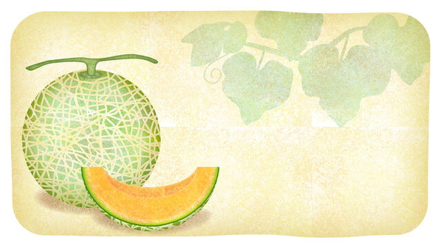 Watercolor Melon Frame with Fresh Cantaloupe and Vine Leaves