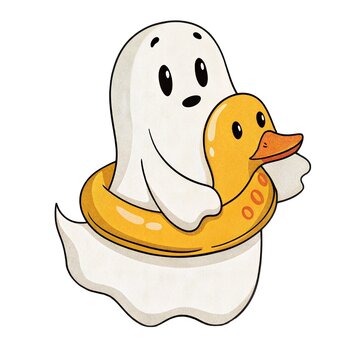 Watercolor illustration of a cute ghost with a yellow rubber duck swim ring isolated on a white background