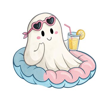 Watercolor illustration of a cute ghost with lemonade and heart sunglasses in a shell swim ring isolated on white.