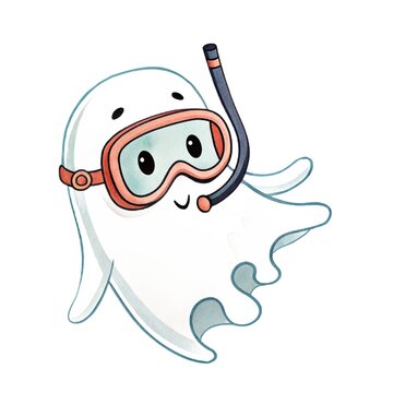 Watercolor illustration of a cute ghost wearing a snorkeling mask and snorkel isolated on a white background.