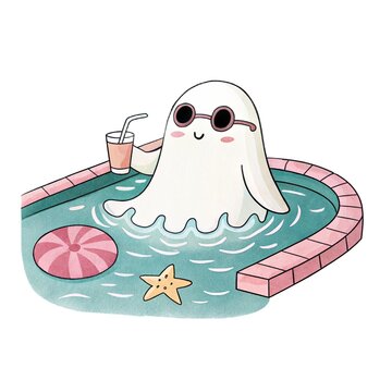 Watercolor illustration of a cute ghost relaxing in a swimming pool with a drink and starfish isolated on a white background.