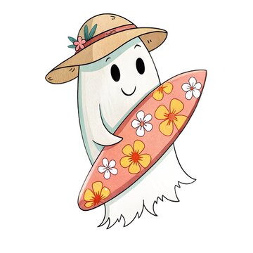 Watercolor illustration of a cute ghost wearing a straw hat and holding a floral surfboard isolated on a white background.