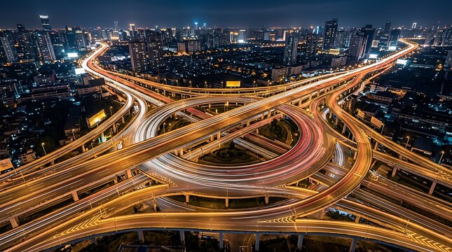 Aerial view of a complex highway interchange at night in a city