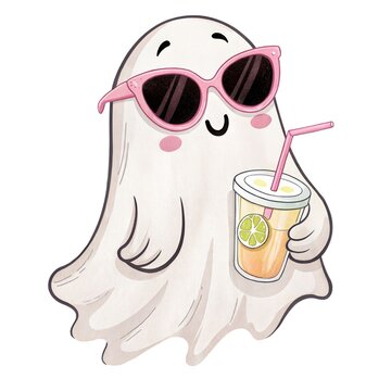 Watercolor illustration of a cute ghost wearing pink sunglasses and holding a refreshing citrus drink isolated on a white background.