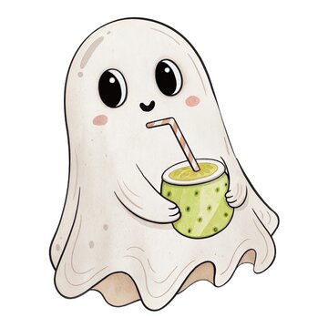Watercolor illustration of a cute ghost holding a refreshing lime drink isolated on a white background.