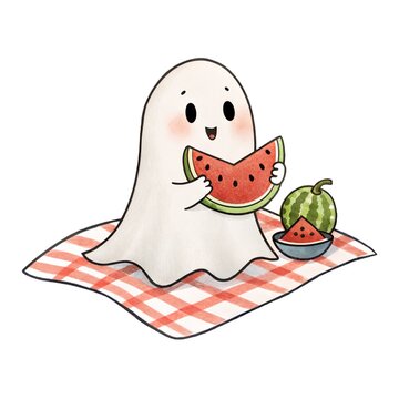 Watercolor illustration of a cute ghost having a summer picnic eating a slice of watermelon isolated on a white background.