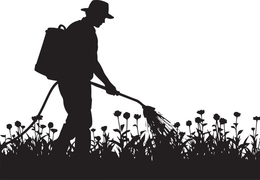 Silhouette of a man spraying flowers with a backpack sprayer