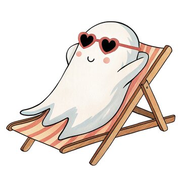 Watercolor illustration of a cute ghost wearing heart sunglasses relaxing on a beach lounge chair isolated on a white background.