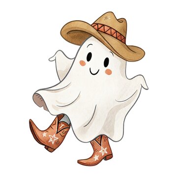Watercolor illustration of a cute ghost dressed as a cowboy wearing a western hat and star-patterned boots isolated on a white background.