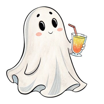 Watercolor illustration of a cute ghost holding a refreshing orange summer drink isolated on a white background.