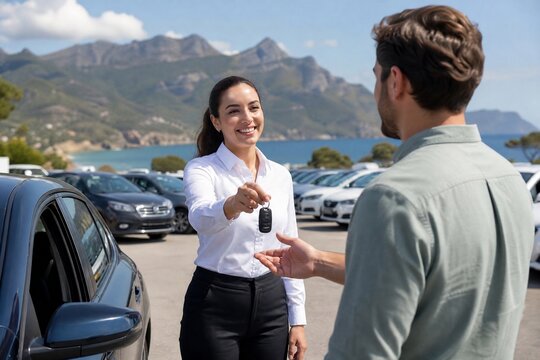 Car rental agent handing over keys to customer