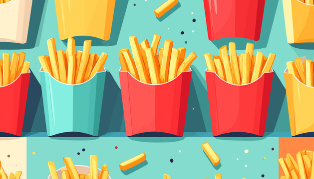 Colorful seamless pattern of fast food french fries in bright red and blue containers