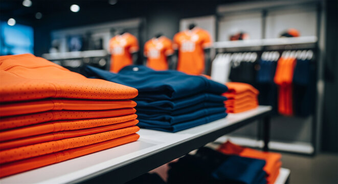 Modern sports apparel store interior, folded orange and blue athletic shirts on display, professional retail clothing shop environment
