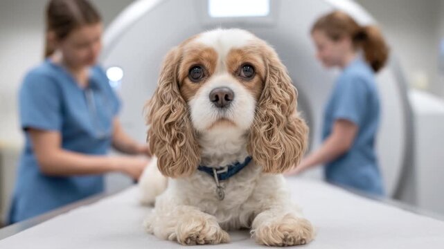 Calm brown and white dog lying on examination table at veterinary clinic with two veterinary staff in blue uniform blurred in background