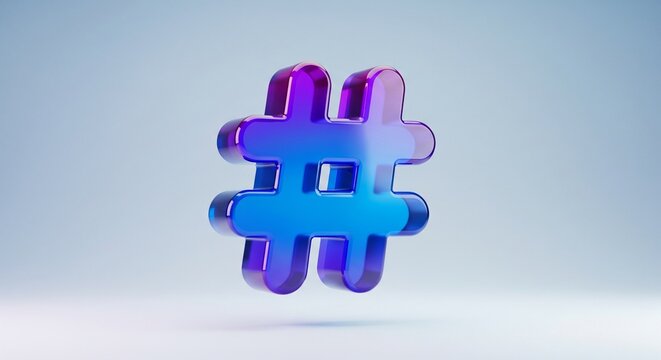 Vibrant glossy 3D render of a hashtag symbol, isolated on a clean light background, for social media and digital marketing.