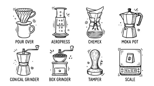 Hand drawn coffee culture icons pour over aeropress chemex moka grinder tamper scale, black ink sketch vector illustration