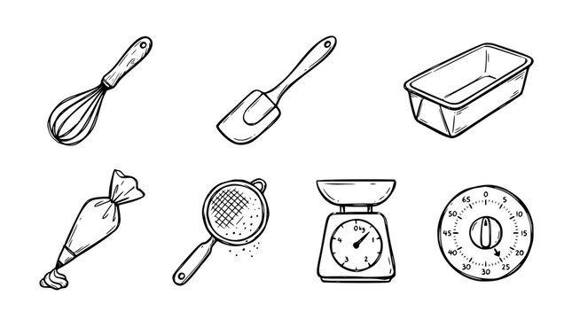 Hand drawn baking tools icons whisk spatula mold piping bag sieve scale timer, black ink sketch vector illustration
