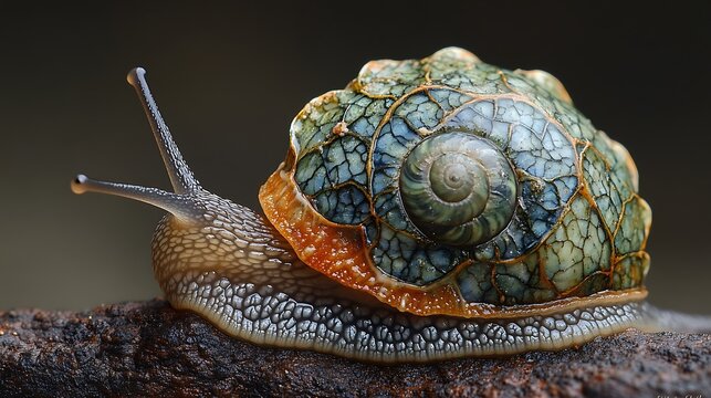 Detailed snail shell and body close up