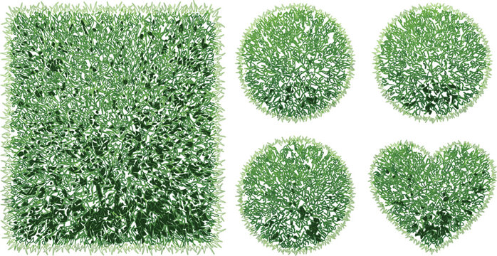 Green Grass Tufts and Textured Lawn Patches in Square Circle and Heart Shapes for Garden Landscaping and Architectural Landscape Layouts