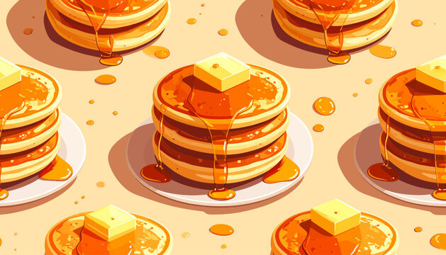 A repeating pattern of golden pancakes stacked high, each topped with melting butter and glistening maple syrup, against a warm speckled background.