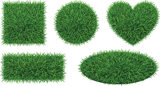 Green Grass Tufts and Textured Lawn Patches in Square Circle Heart Rectangle and Oval Shapes for Architectural Layouts and Landscaping Vector Graphics