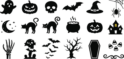 Fototapeta premium Minimalist Halloween Silhouette Icon Set with Spooky Pumpkins Ghosts Skulls Bats Black Cats and Haunted House Vector Graphic Designs