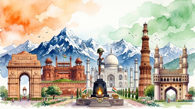 Kargil vijay diwas concept and indian monuments in water color in illustration.